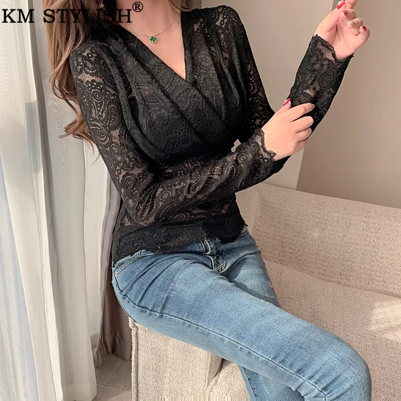 Черная кружевная блузка рубашка с вышивкой прозрачные открытые женские осенние