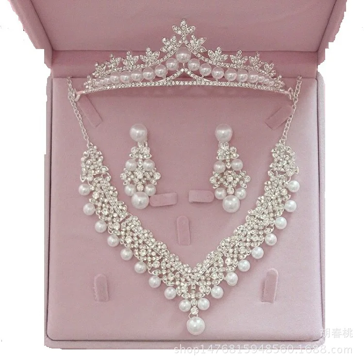 

Classical Necklace, Earrings, Crown, Three-piece Pearl Crystal Wedding Dress Set, Bridal Fashion Jewelry