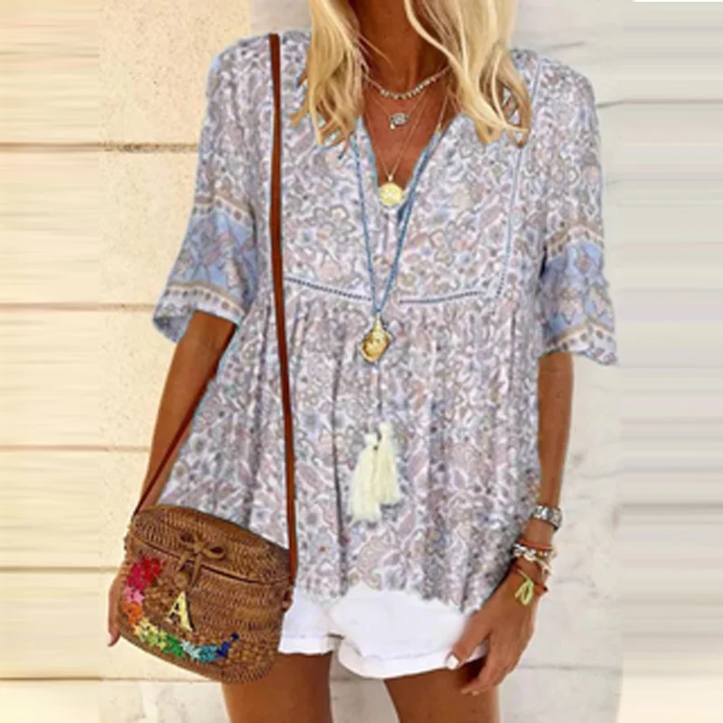 

2021 Spring Floral Print Tassel Party T Shirt Women Vintage V-neck Short Sleeve Top Pullover Summer Plus Size Harajuku Tee Shirt