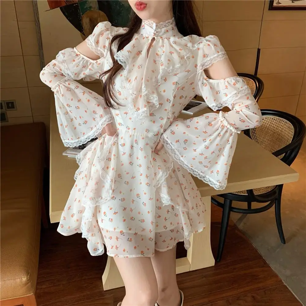

Mini Dress Female Party Elegant One Piece Dress Korean 2021 Spring Floral Dress Women Flare Sleeve Lace Chiffon Slim Flower