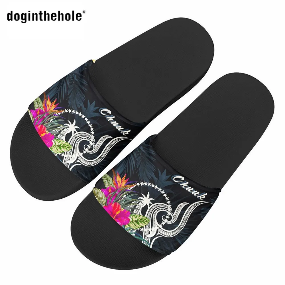 

Doginthehole Chuuk Sandal fir Women and Ladies Summer Flat Slipper Fashion Polynesian Hibiscus Pattern Adult Home Slide Shoes