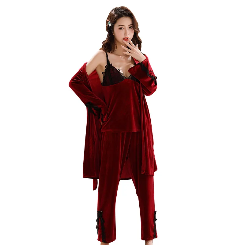 

Burgundy 3PCS Bride Wedding Velour Pajamas Set Sexy Lace Patchwork Night Suit Full Sleeve&Pant Bathrobe Autumn Lady Home Clothes