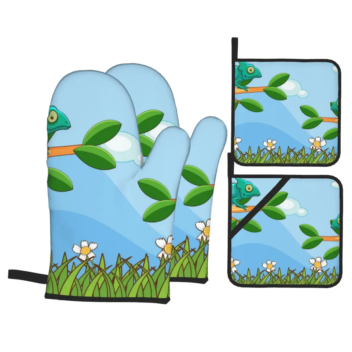 

4pcs Kitchen Gloves Insulation Pad Cooking Microwave Gloves Cameleons Garden Baking BBQ Oven Potholder Pad Oven Mitts