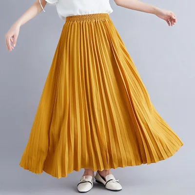 Женская длинная юбка с завышенной талией розовая или желтая плиссированная