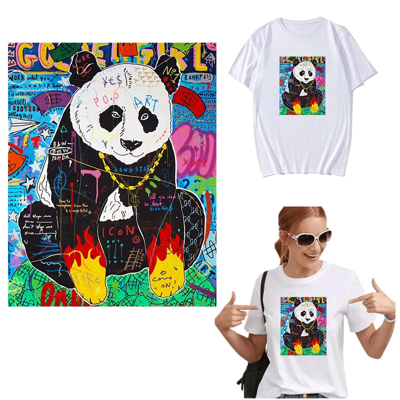 

Panda Graffiti Art Iron On Trans for Clothes Fashion Animal Heat Transfer Printing T-Shirt Stickers Diy Thermocollants Vetement