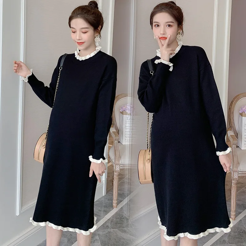 Осенне-зимнее корейское модное плотное вязаное длинное платье для беременных