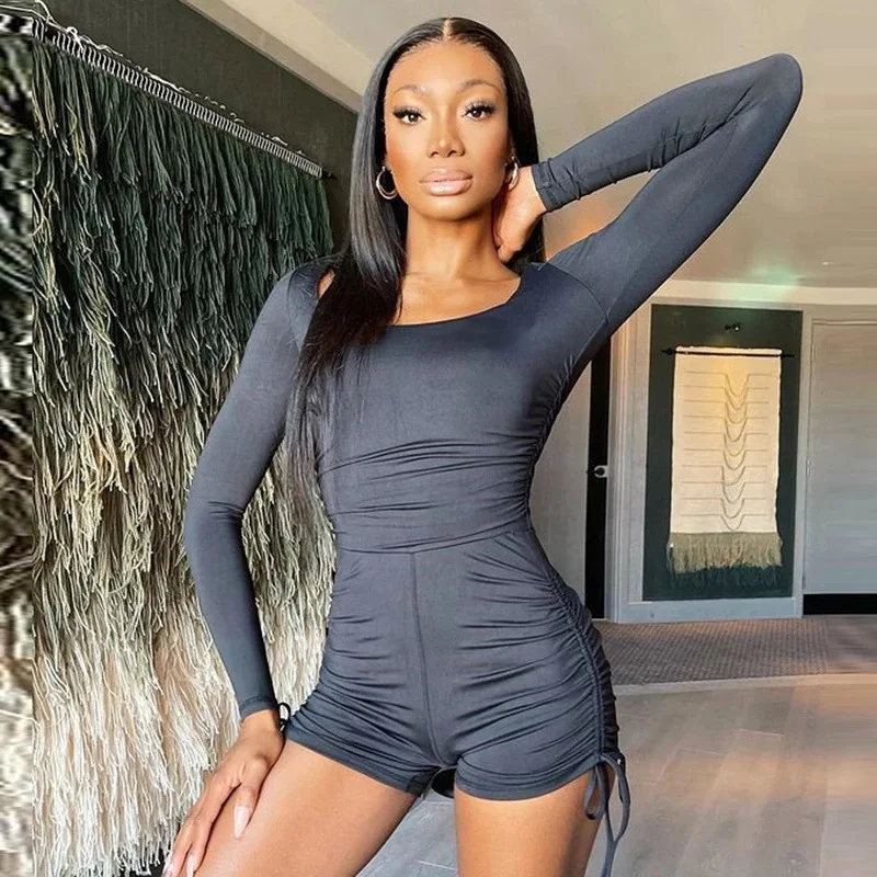

2021 Square Collar Sexy Ruched Drawstring Women Bodysuits Black Long Sleeve High Waist Bodysuits Ladies Summer Slim Partywear