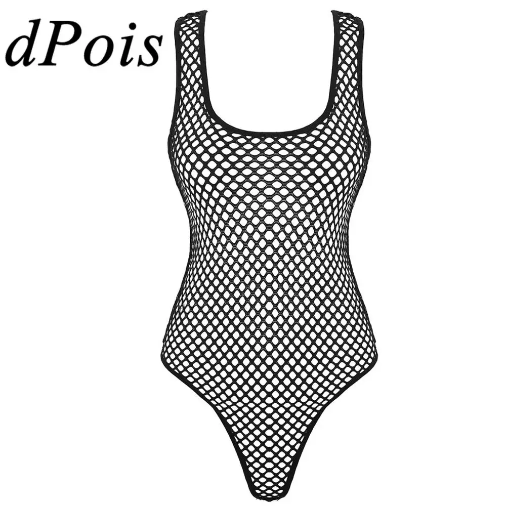 

Women Hollow Out Fishnet Sexy Bodysuit Female Deep U Neck Sleeveless Bodysuit Hot One-piece High Cut Thong Leotard Rave Clubwear