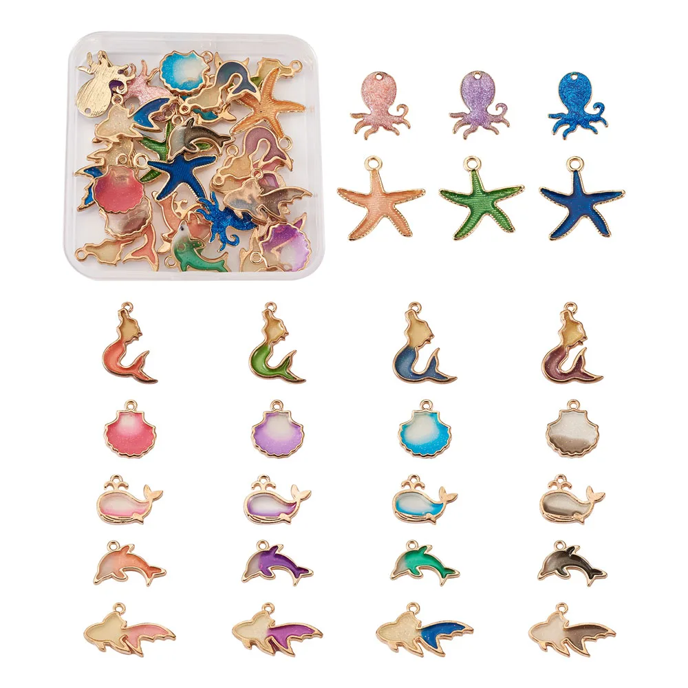 

52pcs Dolphin Mermaid Charms Starfish Shell Ocean Style Alloy Enamel Pendants with Resin For Bracelet Necklace Jewelry Making