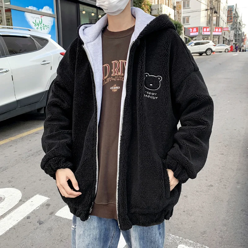 Hooded Lamb Wool Cotton-Padded Jacket Men's Autumn and Winter New Loose Trendy Two-Sided Wear Cotton Coat Jacket Fashion Brand