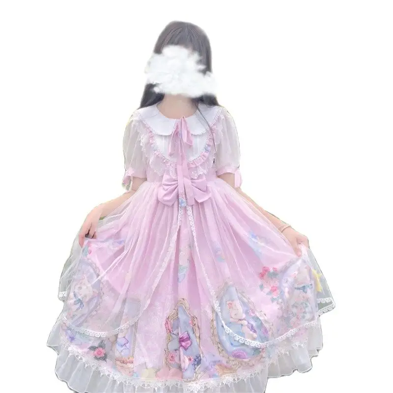 

lolita party dress kawii vintage dress cute lolita dresses short sleeves Mesh Op Cat family Lovely dream Dress girl