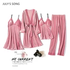 Золотистая бархатная Пижама JULY'S SONG, комплект из 4 предметов, ночная рубашка с длинным рукавом, Сексуальная кружевная теплая весенне-осенняя зимняя одежда для сна, женский костюм