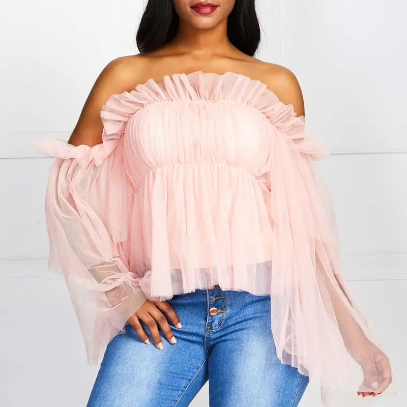 2019 Осенняя блузка с открытыми плечами женская без бретелек розовая