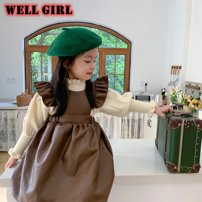 Осеннее платье средней длины для девочек на лямках из искусственной кожи с