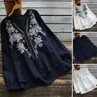 Весна 2021, женская рубашка ZANZEA с цветочной вышивкой, Женская Повседневная Блузка с длинным рукавом и V-образным вырезом, хлопковая офисная туника, топы, блузы 7