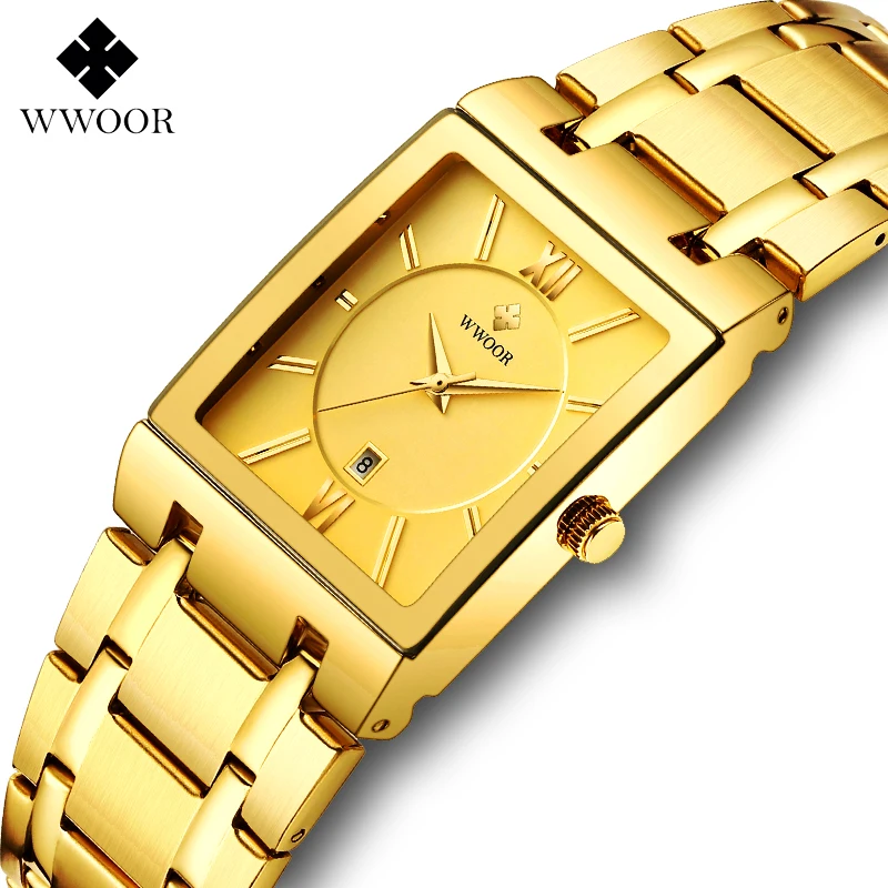 Часы WWOOR мужские с квадратным циферблатом модные брендовые роскошные золотистые