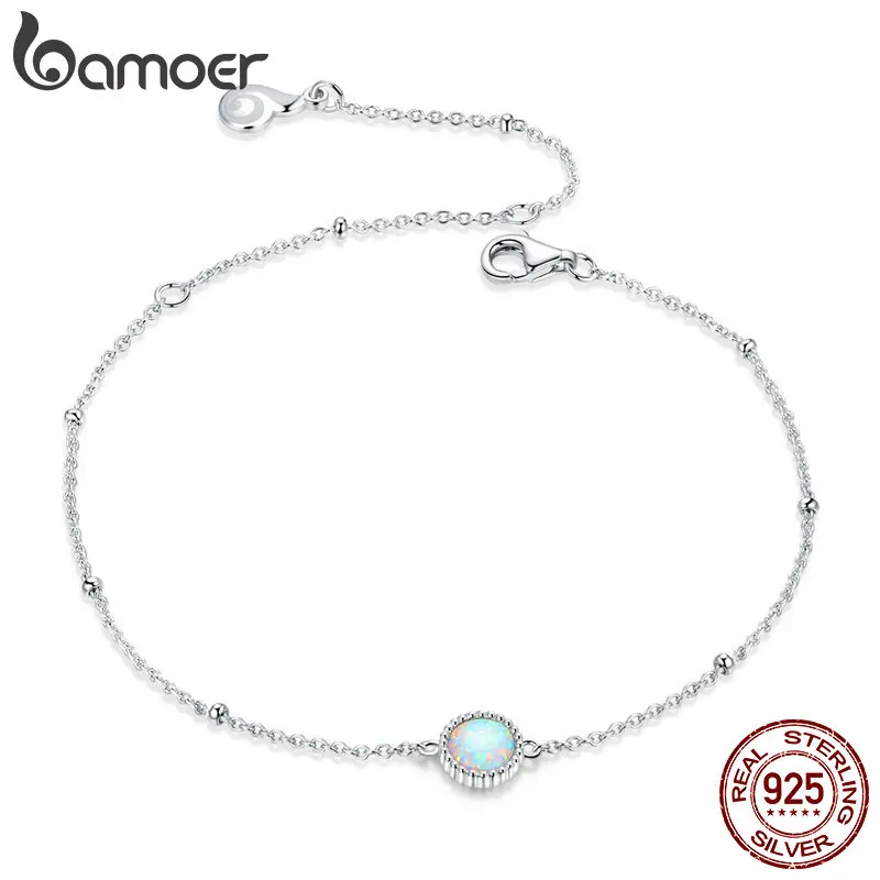 

bamoer Gorgeous Opal Link Chain Bracelet for Women 925 Sterling Silver Bracelets with silver Charms Anniversary Gifts BSB054