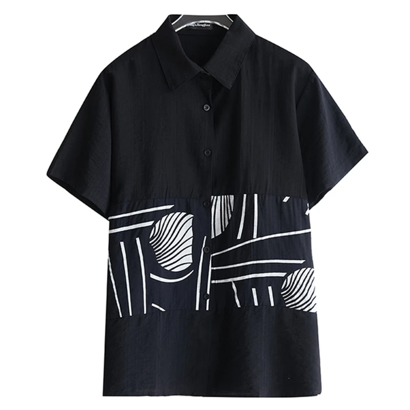 

BIG SIZE Summer Women Fashion Elegant Stripe Spliced Tops Ladies Female Plus Large Short Sleeve Femme Cotton Loose Blouse Shirt