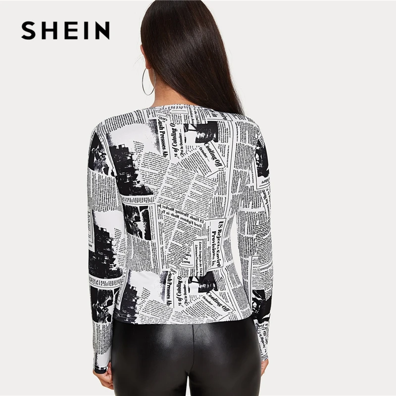SHEIN Женская Повседневная футболка с буквенным принтом и круглым вырезом на весну и осень, облегающие уличные футболки с длинным рукавом