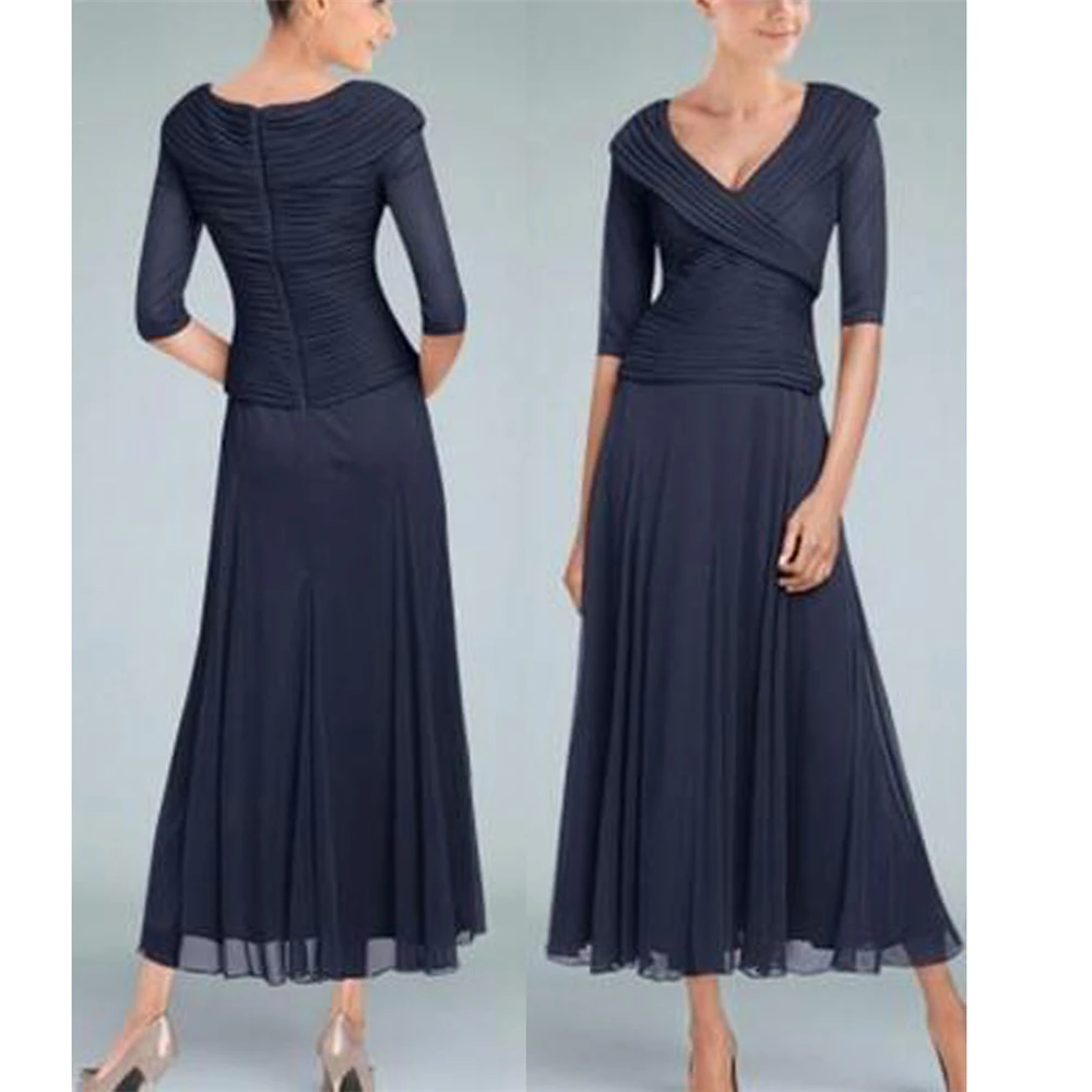 

Black Chiffon Dinner Dresses For Women Half Sleeves A-line Tea-Length Ruffles Dreamy Handworks Mother of the bride dress