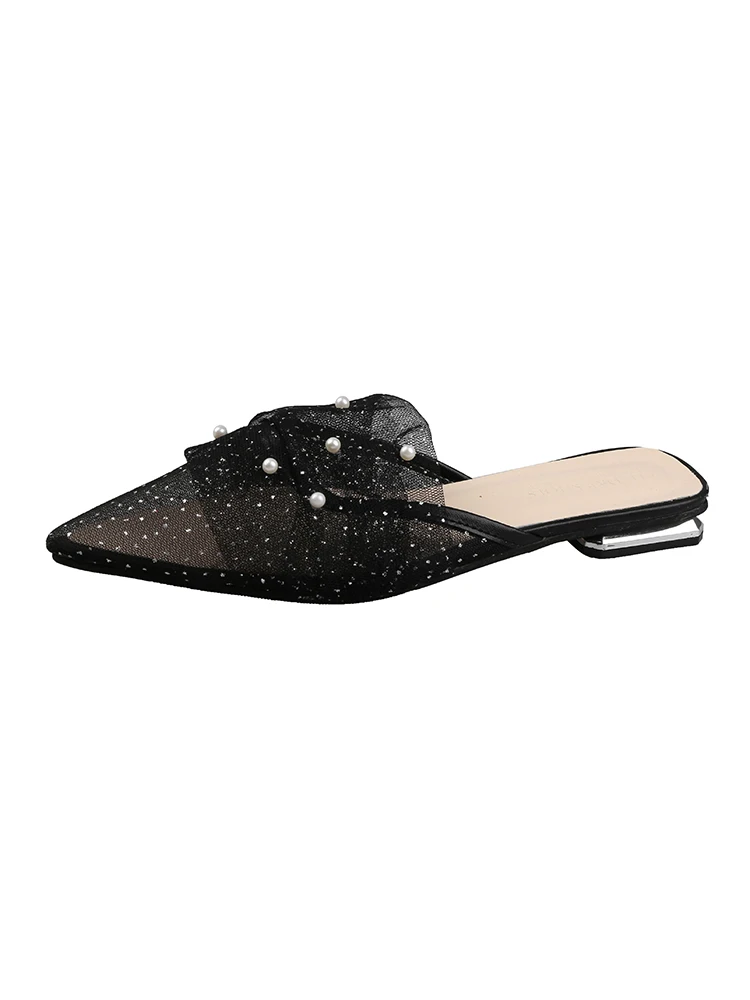 

Shoes Woman 2021 Female Mule String Bead Slippers Flat Low Luxury Slides Pantofle Cover Toe Mules Designer Soft New Rubber Cotto