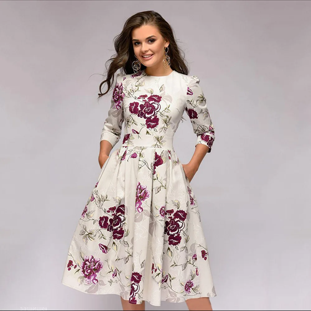 

New Women's Print 3 / 4 Sleeve Print A-Line Pleated Dress Woman Dress Dresses Women