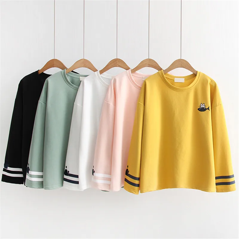 

Embroidered Women T-Shirt 2021 Casual O-Neck Long Sleeve Simple Streetwear Pullovers Harajuku sweet Sweatshirts Tees