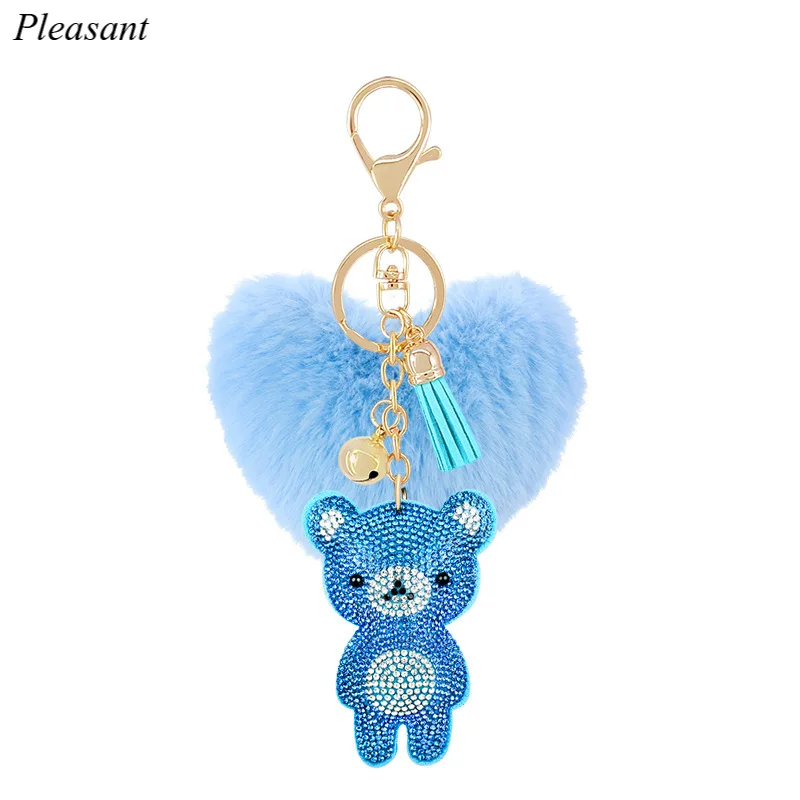 

New Crystal Flannel Bear Peach Heart Love Plush Ball Keychain Pendant Lady Bag Car Keyring Accessories Cute Girls Keychains Gift