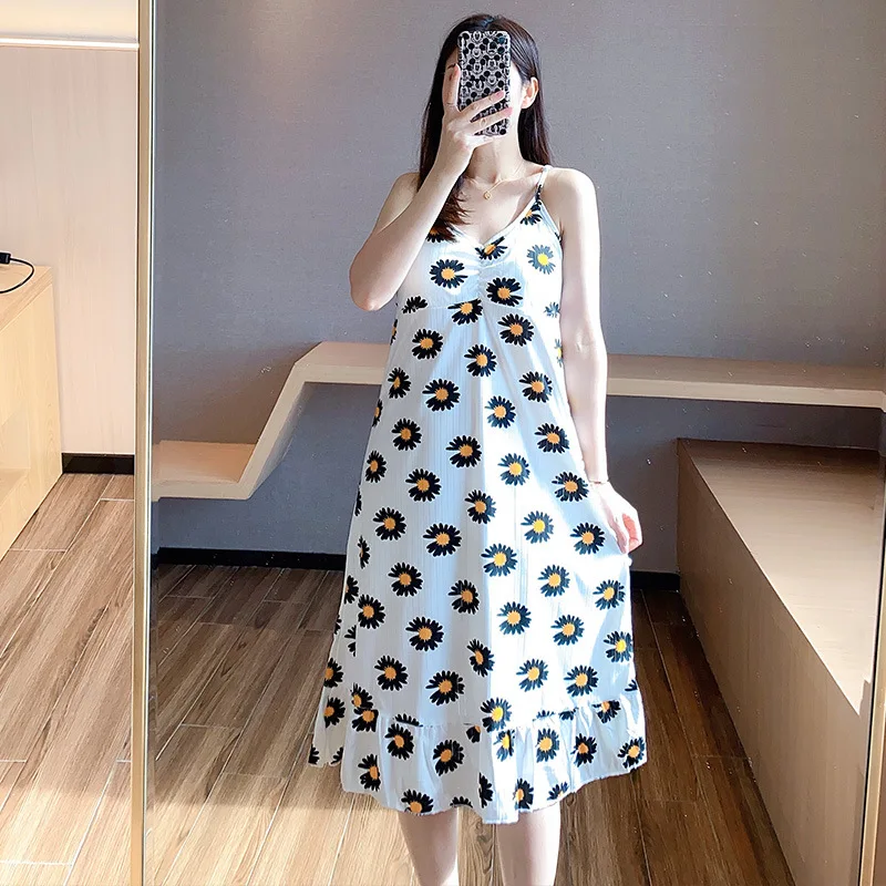 Women's Nightdress Summer Sling Sexy Nightgown & Sleepstirts with Chest Pad Long Knee Length Home Wear Sexy Nightwear Sleepwear