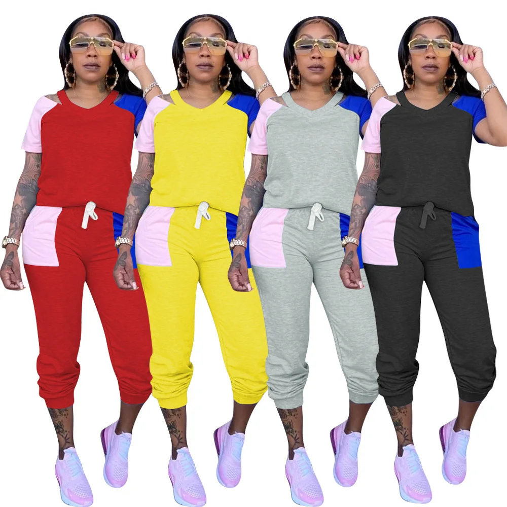 

Женский брючный костюм Zoctuo, повседневный комплект из двух предметов с коротким рукавом и эластичной футболкой в стиле пэчворк