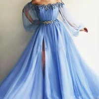 eightale off the shoulder evening dresses puff sleeves appliques beaded tulle split light sky blue prom party gowns graduation