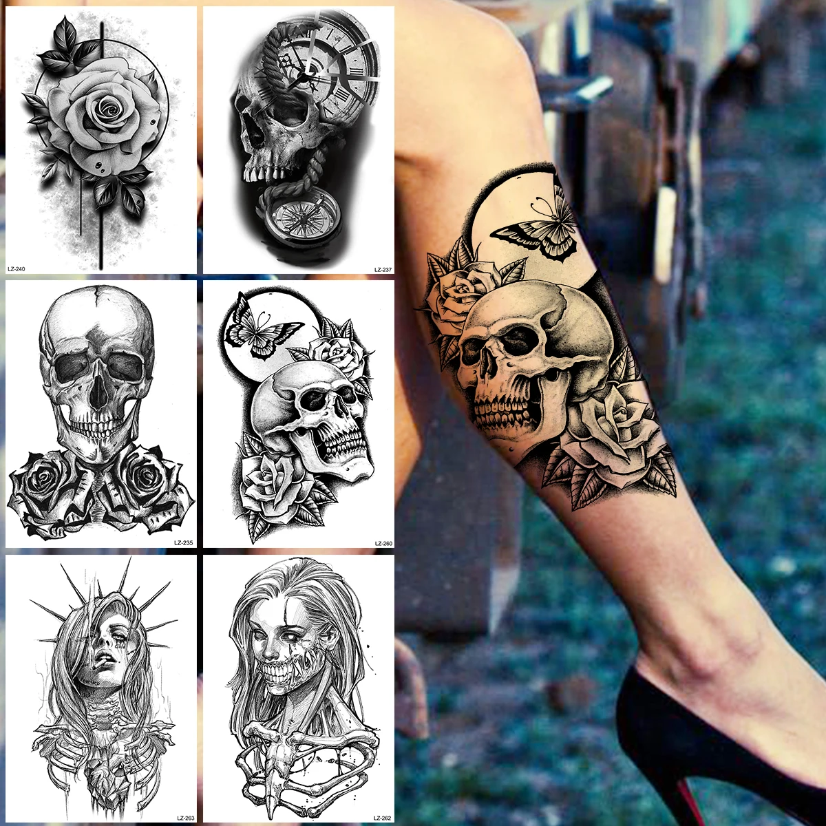 

Scary Skull Skeleton Flower Temporary Tattoos For Adults Women Realistic Rose Vampire Halloween Fake Tattoo Sticker Arm Thigh