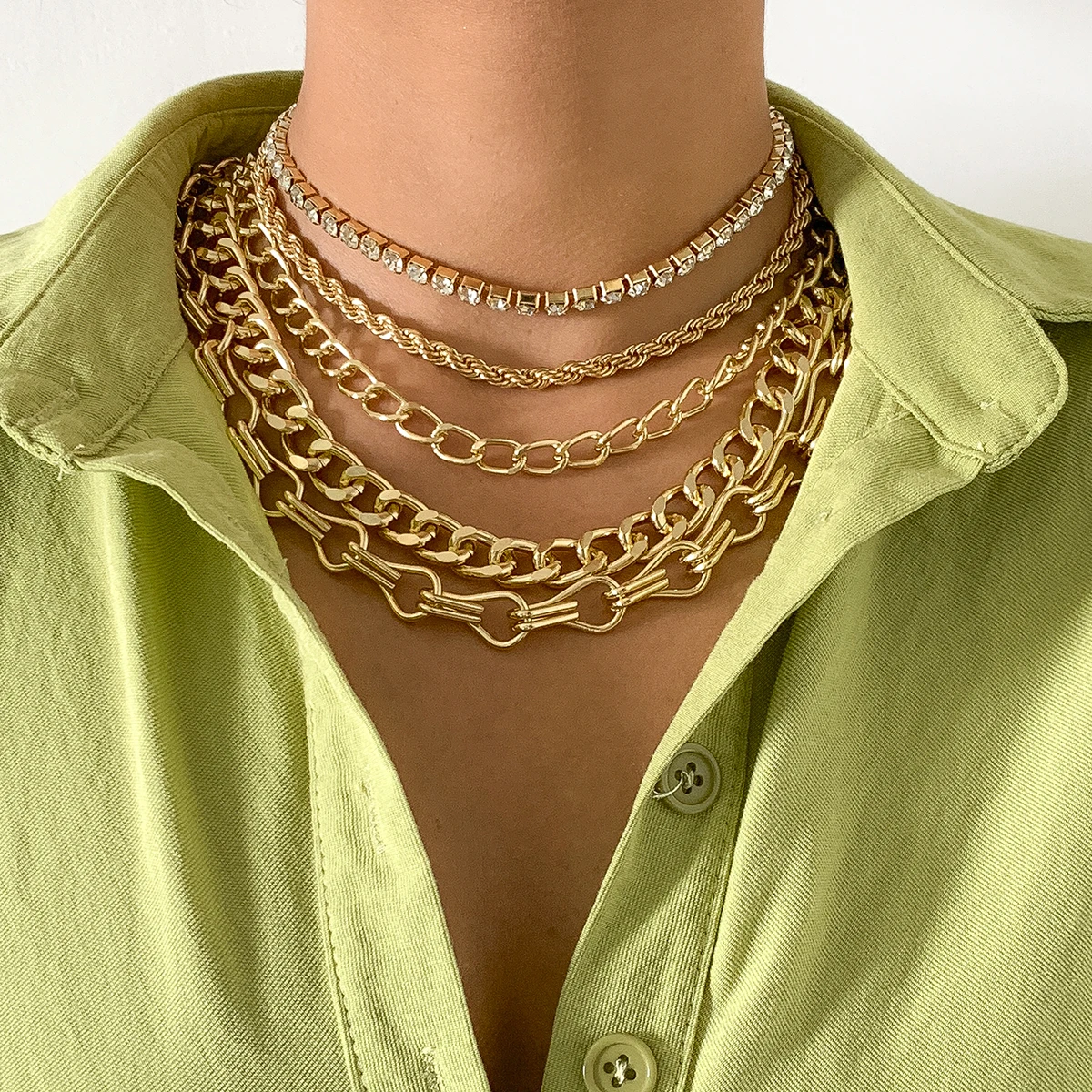 

5Pcs/Set Punk Statement Short Collar Clavicle Chain Choker Necklace For Women Men Multi Layer Curb Cuban Link Chain Jewelry Gift