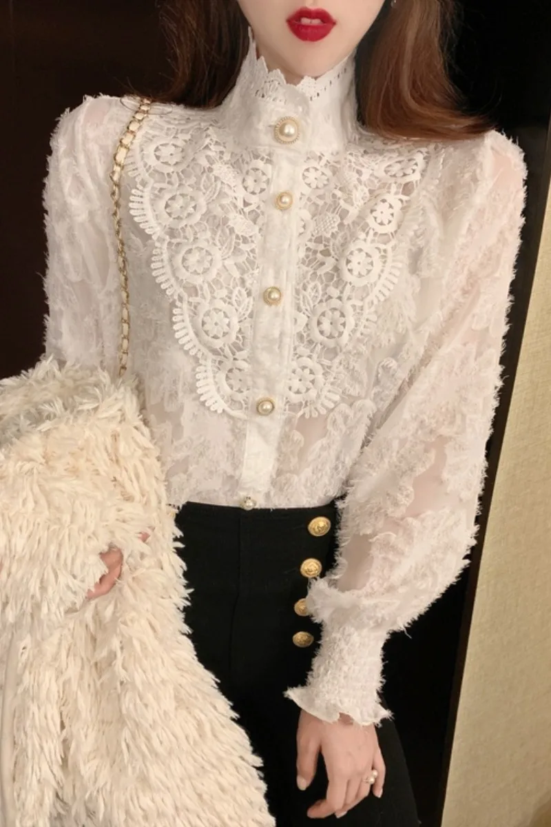 

Semi high collar bottomed top new French style lace blouse in autumn and winter