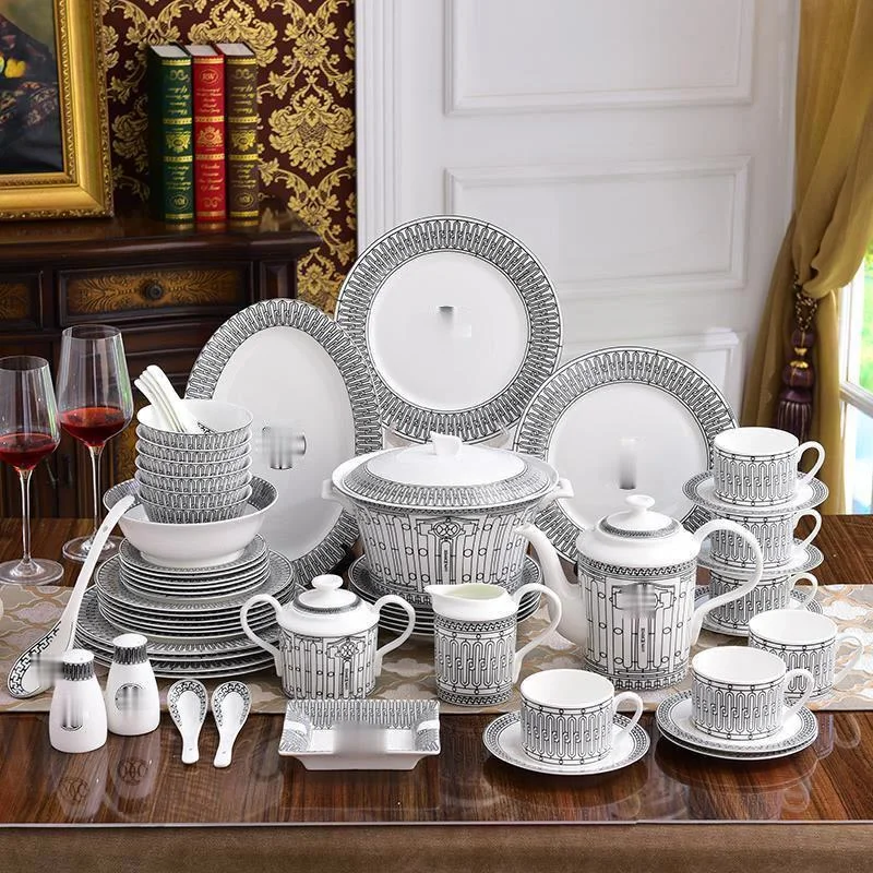 

Luxury Bone China 58PCS Dinnerware Set White and Black Porcelain Kitchen Home Accessories Modern Serving Dinner Dish Plate Bowls