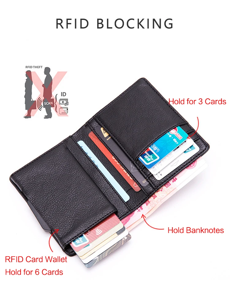BYCOBECY из искусственной кожи RFID Модный чехол для карт алюминиевая коробка Высокое качество Многофункциональный визитница кошелек всплывающий держатель для карт