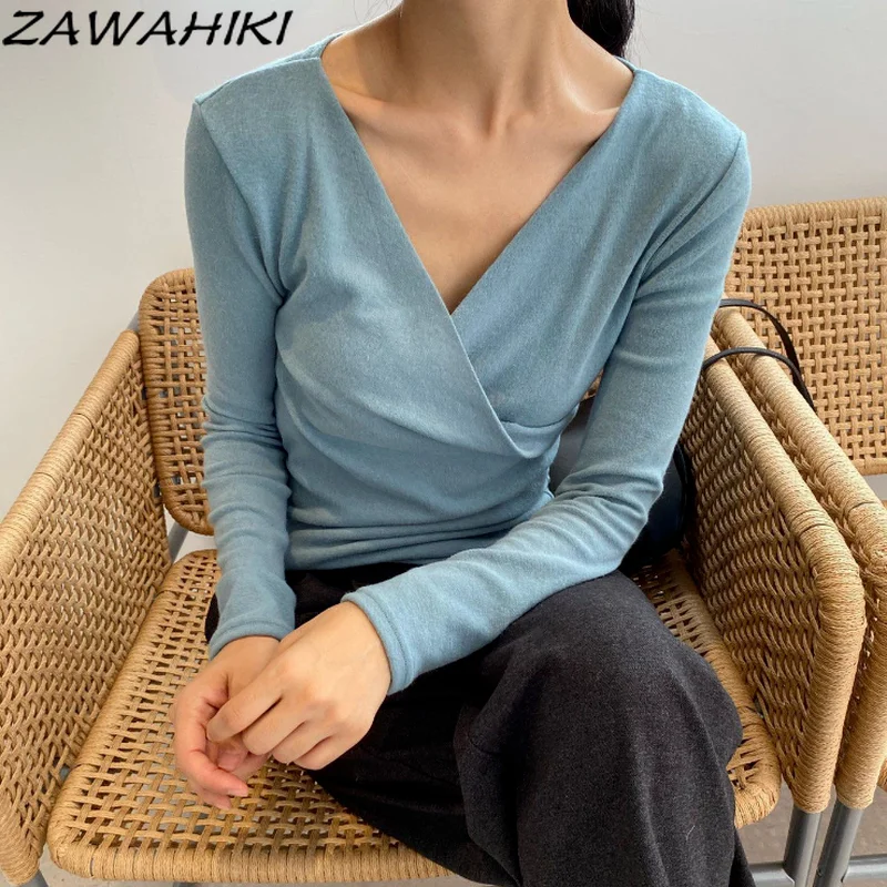 

ZAWAHIKI Korea Chic Autumn Retro Temperament Woman Pullover Solid Fashion Korean Cross V Neck Chic Thin Long Sleeve Knitted Tops