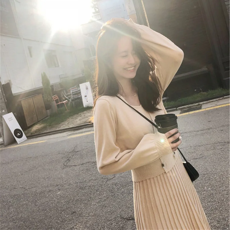 Женский вязаный комплект из двух предметов свободный свитер вязаное платье для