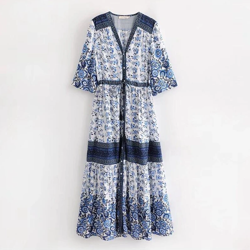 

Mandylandy Bohemian Dress Summer Fashion V-neck Floral Print Slit Dress Women's Casual Single-Breasted Short Sleeve Dress