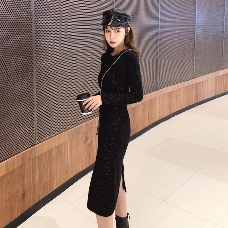 

2019 Autumn and Winter New Mid-Length Elegant Inner Match Black Knitted Dress Women's Thickened Long Sleeve Underdress
