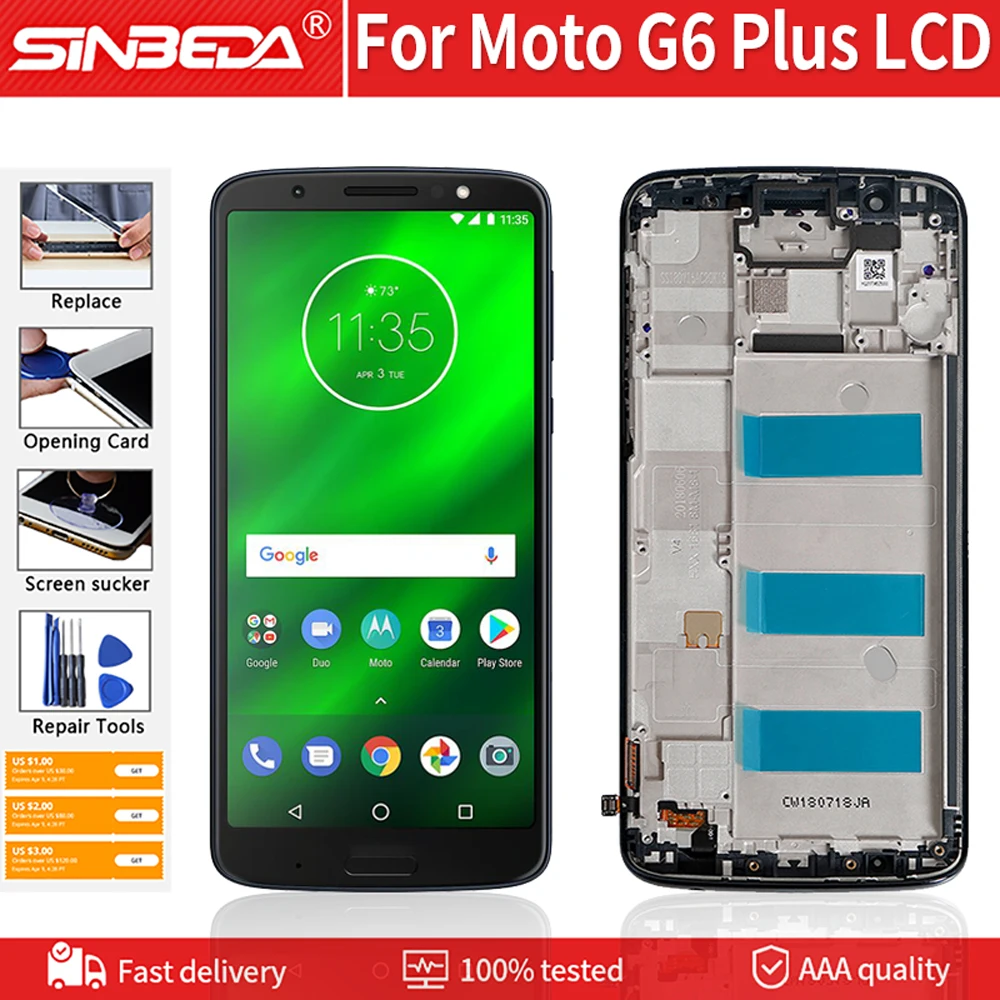 

ЖК-дисплей 5,93 дюйма для Motorola Moto G6 Plus xt282, сенсорный экран с рамкой, дигитайзер, замена оригинального дисплея для ремонта телефона
