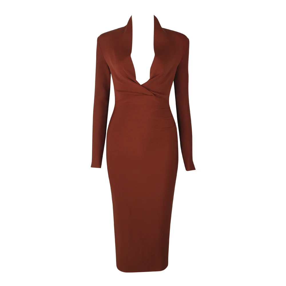 

The same long sleeve deep V-neck sexy dress for