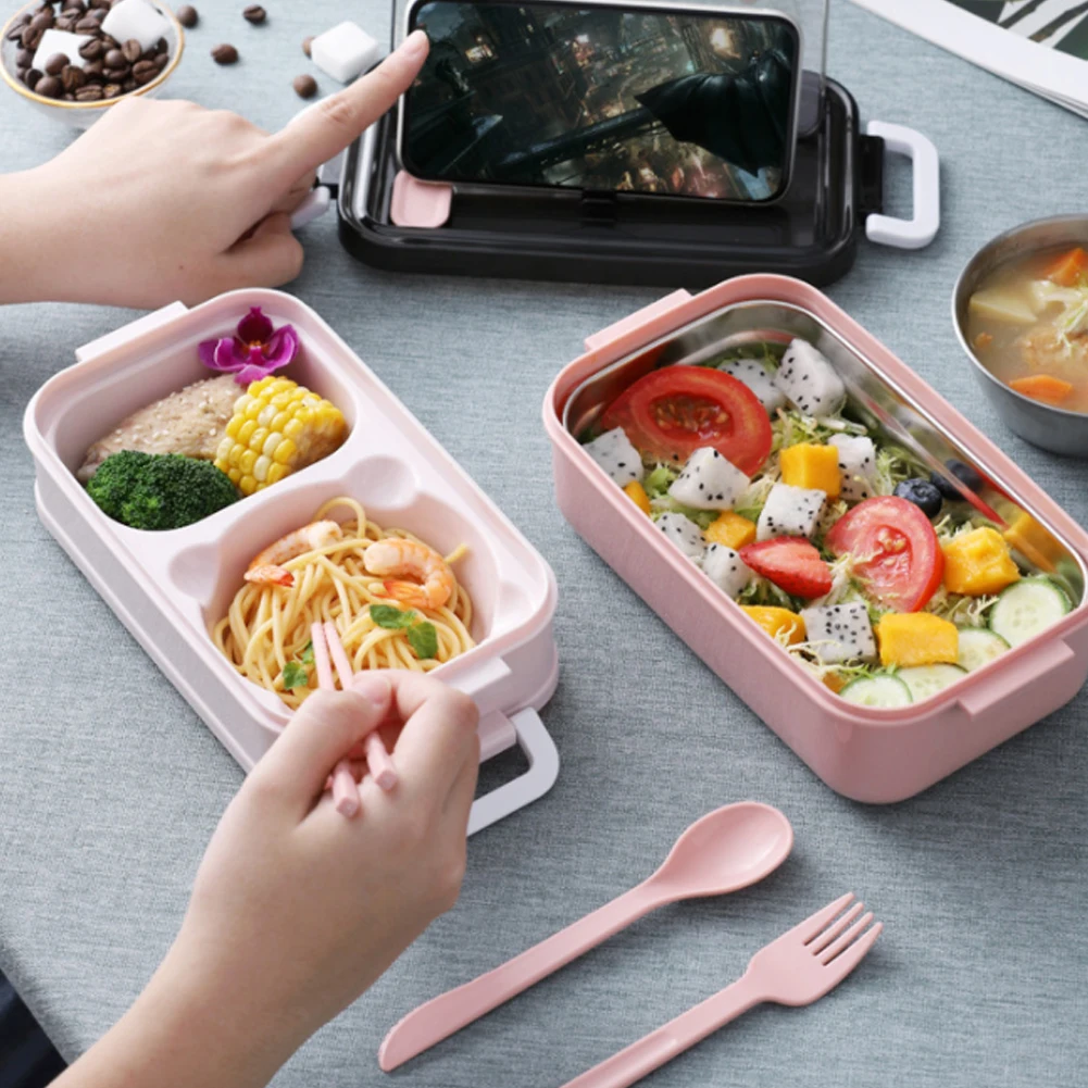 

Lunch Box Stainless Steel 2-Layer Leak-proof Bento Box Lunch Container With Phone Holder Food Storage Box Microwae Heating