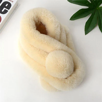 Beige Зимнее пальто с воротником из искусственного кроличьего меха, шарф для женщин, утолщенный теплый плюшевый шар, зимняя шаль для шеи, Женский однотонный осенний шарф, меховые шарфы - Цвет: Beige