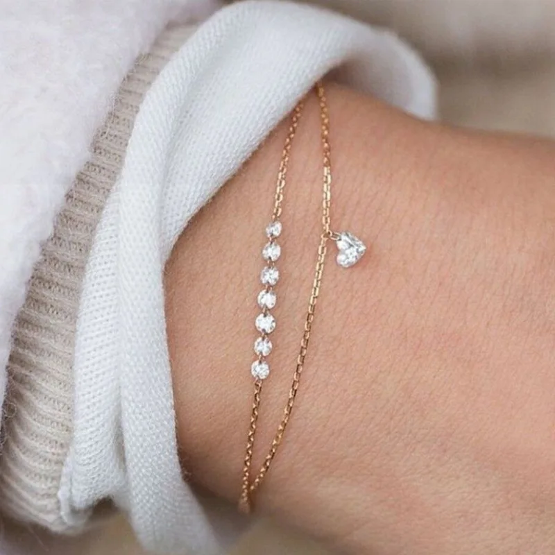 

Heart Pendant Bracelets for Women Golden Bracelet on Hand Double Layer Chain Natural Stone Fashion Jewelry Accessories
