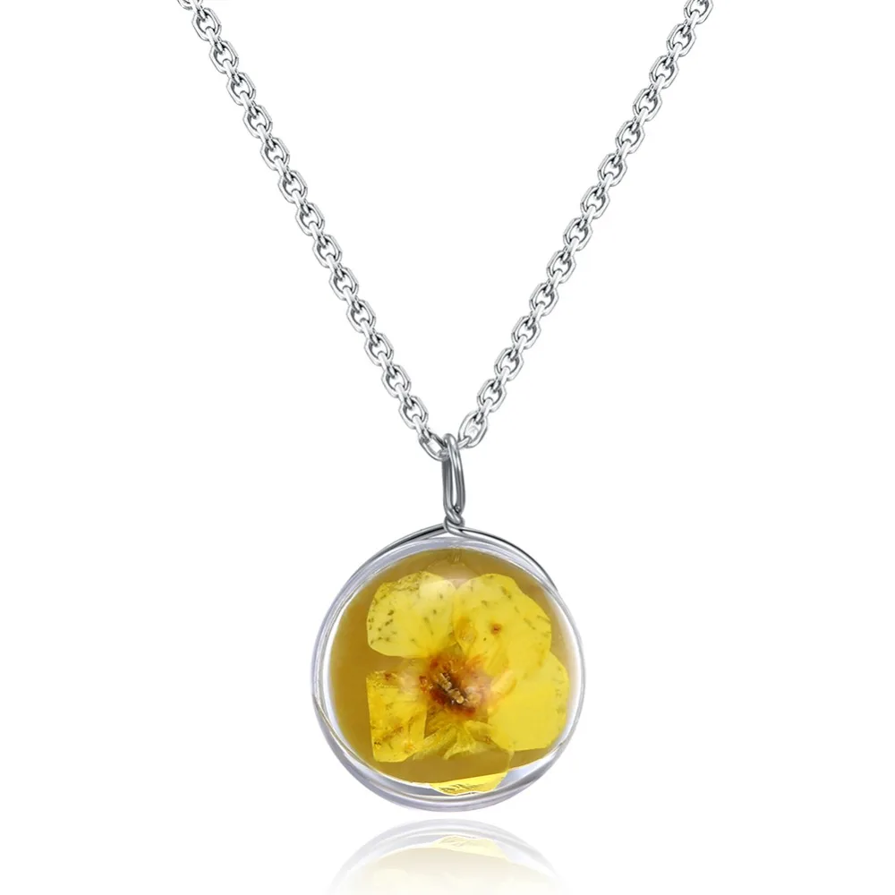 

V1094 Handmade Boho Transparent Resin Dried Flower Daisy Necklace Ball Chain Silver Color White Round