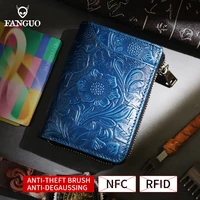 9 card slots wallet anti rfid business cards id card holder pouch handmade genuine leather coin purse with zipper for women men