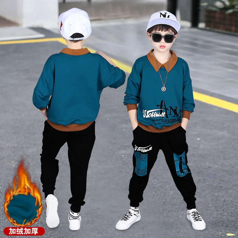 

Boys Clothes Set New Autumn Winter Plus Velvet Warm Kids Tracksuit Turn-down Collar Thick Child Clothing for Boy Sports Suit
