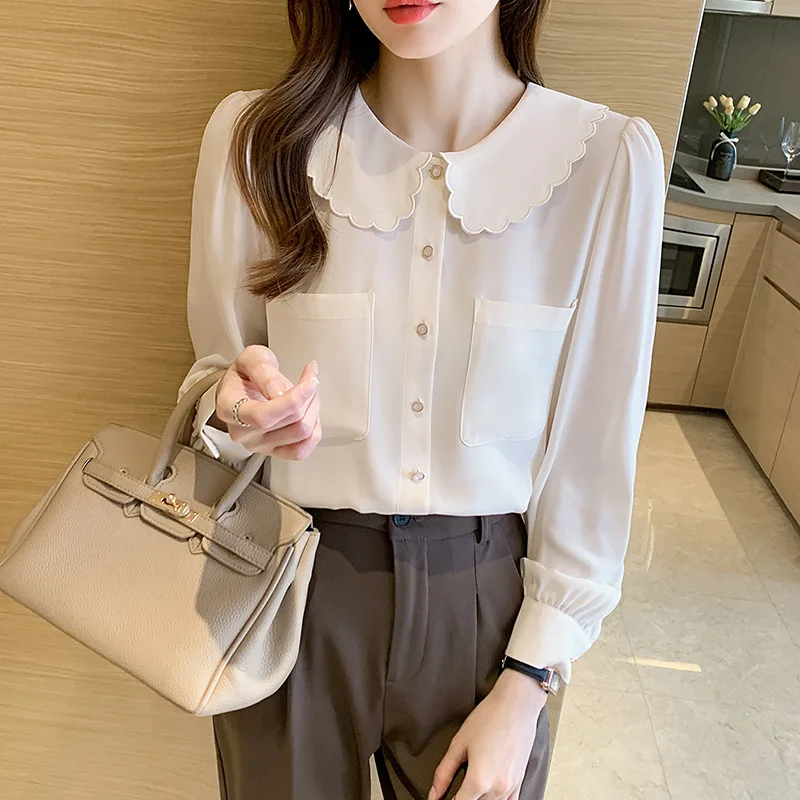 

2022 Spring Peter Pan Colar Office Working Shirts Women Girls Office Formal Interveiw Shirts Sweet