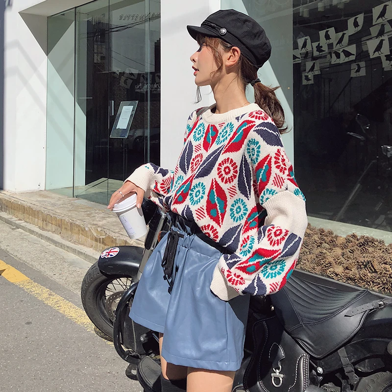 KINOMI Women's Pullover Sweaters Autumn Winter Vintage Leaf Printed O-Neck Long Sleeve Loose Sweater Top 2019 New Blue Christmas | Женская